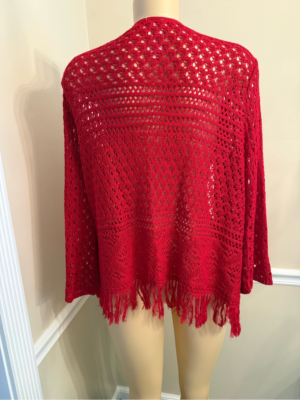 Faded Glory Red Open-Front Crochet Fringe Cardigan NWT - Picture 3 of 5